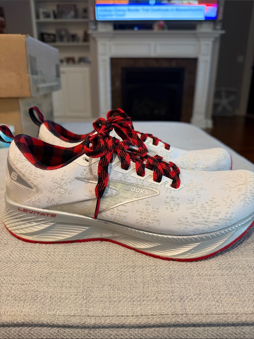 Brooks Women's White Running Shoes with Red and Black Plaid Trim